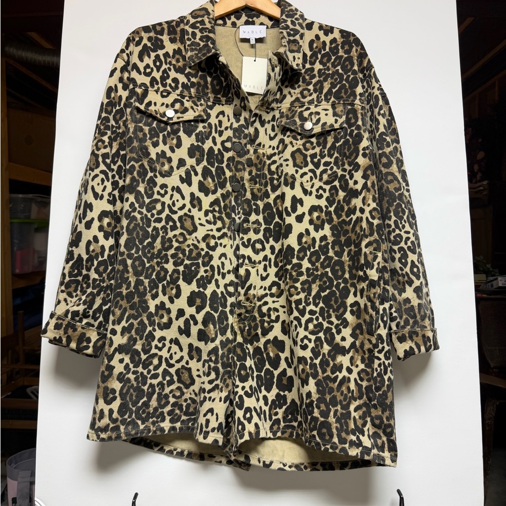 NWT Mable Oversized Long Sleeve Leopard Print Denim Romper, M - Picture 6 of 9